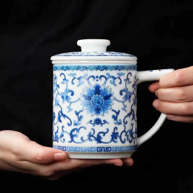 羊脂玉瓷缠枝莲三件套办公杯茶水分离杯茶杯Y5365