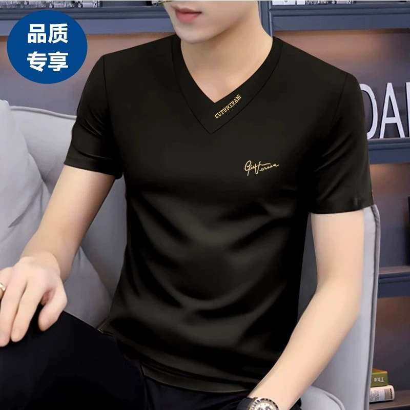 高端莫代尔棉冰丝2025新款男士短袖t恤v领修身上衣打底衫半袖速干