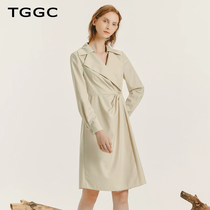 台绣连衣裙衬衫女长袖西装领通勤简洁干练女裙春季新款F36302