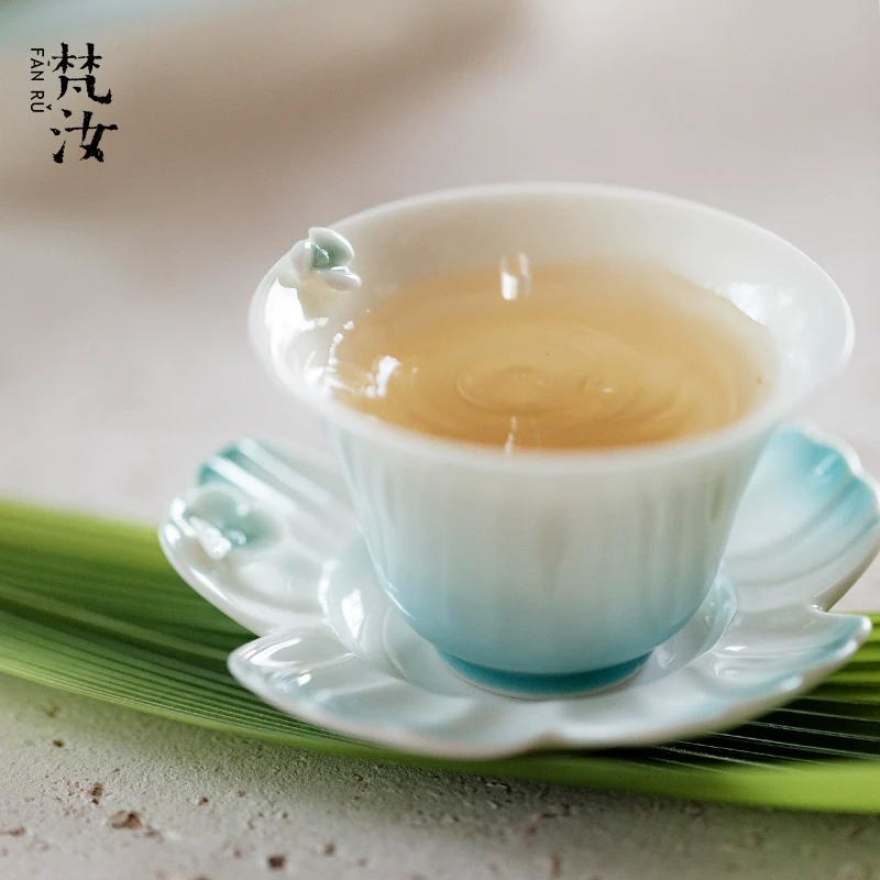 蔓颜 纯手绘捏花有田烧高端玉泥白瓷家品茗单杯杯垫茶桌配件