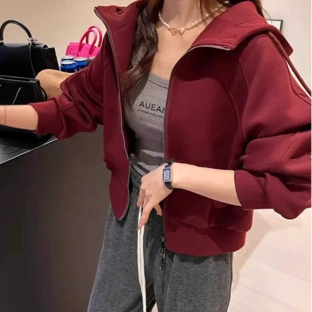 7919美式慵懒安哥拉红色连帽拉链开衫女士新款卫衣外套
