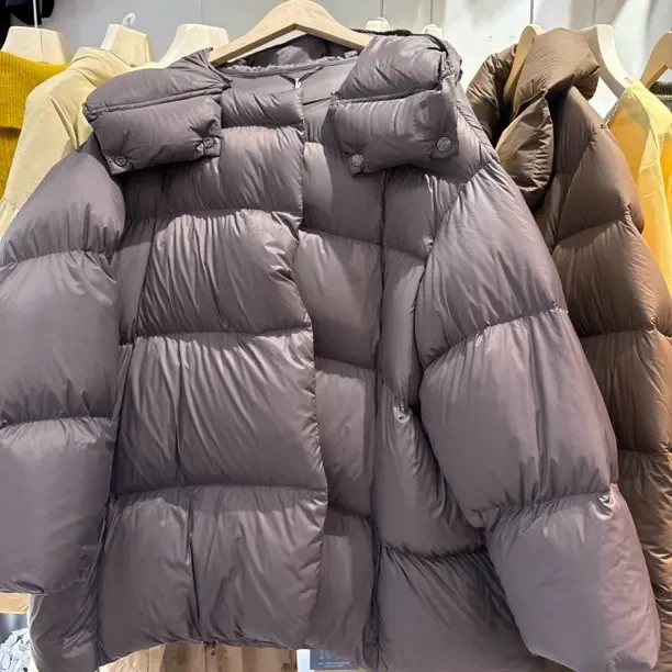 鹅绒女中长款连帽无胆蓬松冬季高级感泡芙面包服保暖外套