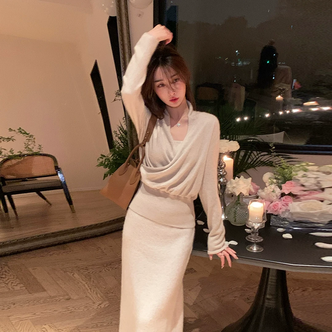 大也池△白色长款浣熊毛针织半身裙a字裙秋冬百搭羊毛高腰长裙