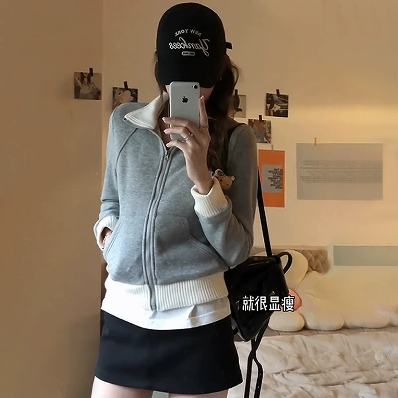 灰色立领针织拼接修身卫衣外套女春秋2025超火内搭美式开衫上衣薄