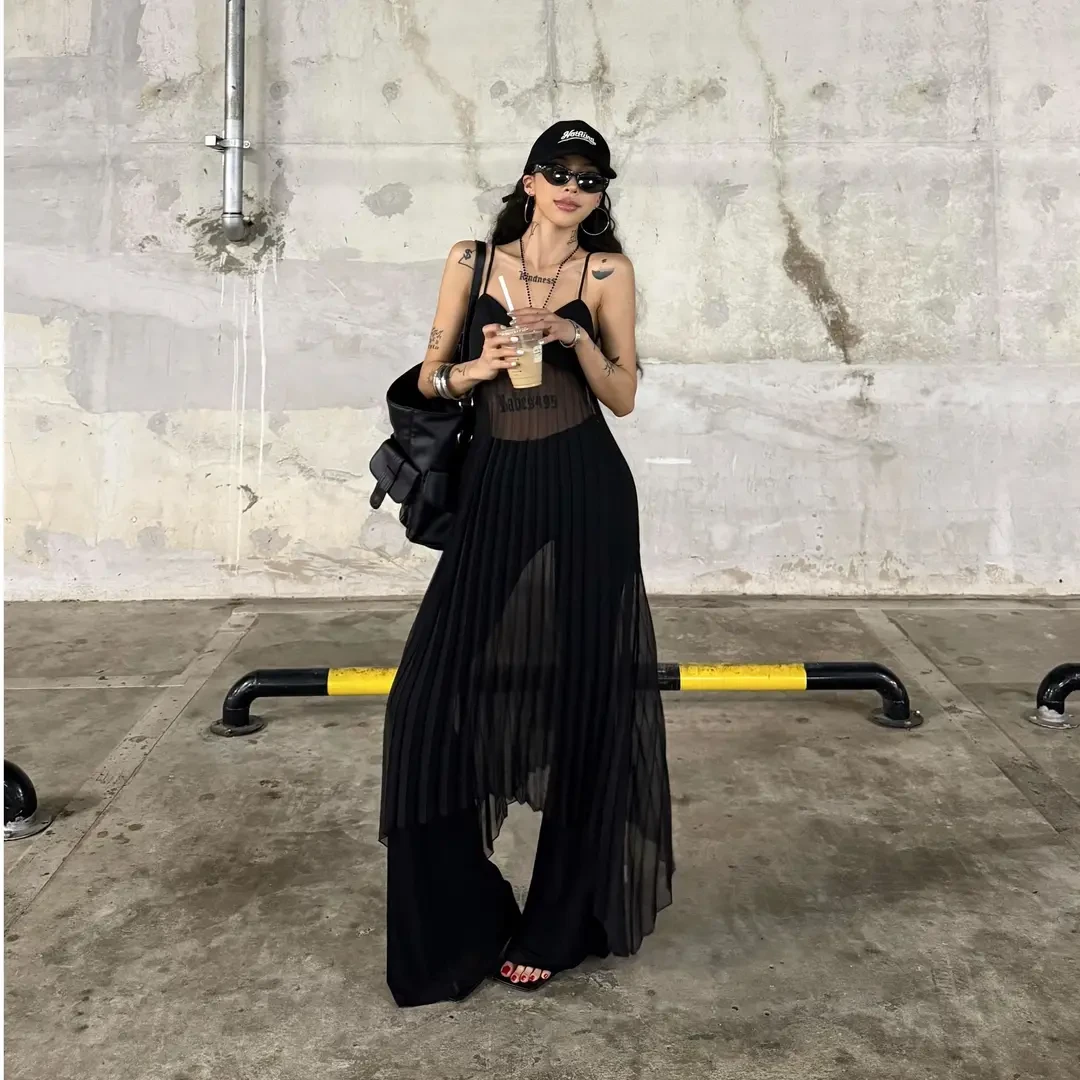 黑色吊带网纱拼接连衣裙女装夏季新款韩系炸街时尚百搭喇叭裤套装