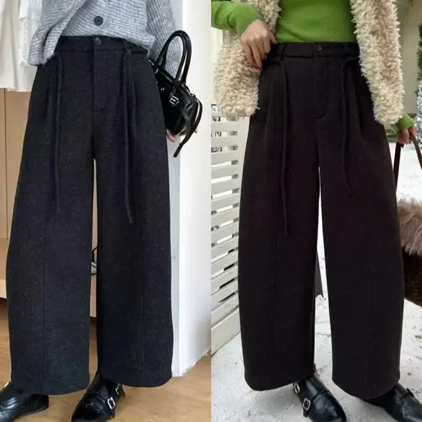 DMG冬款韩系加绒高腰抽绳羊毛呢阔腿裤女洋气显瘦气球裤百搭2702
