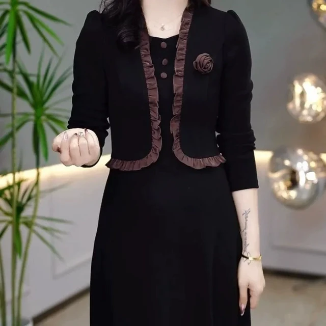 2025秋冬新款假两件显瘦裙子高级感加绒加厚气质名媛妈妈装连衣裙