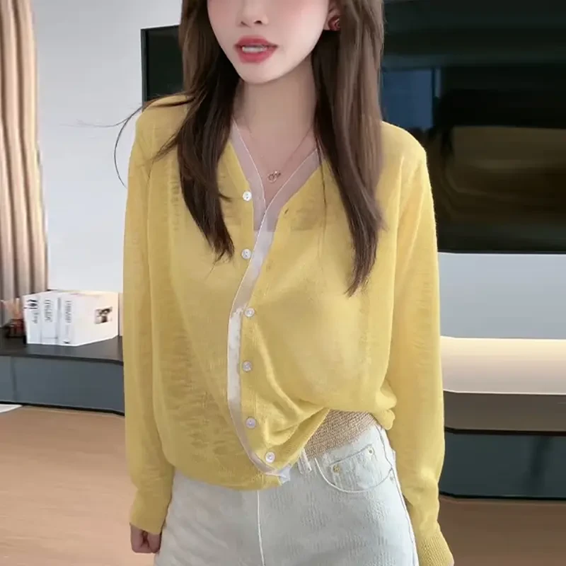 法式甜美风拼接网纱V领轻薄针织开衫洋气减龄透气显瘦单排扣上衣