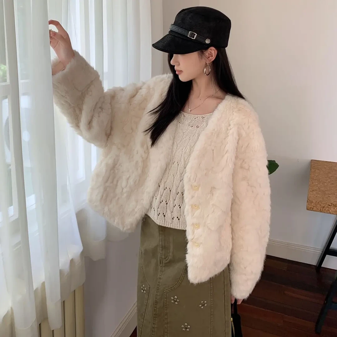 V领米白色女中长款气质时尚短款韩系风单排扣粉红色秋冬外套819