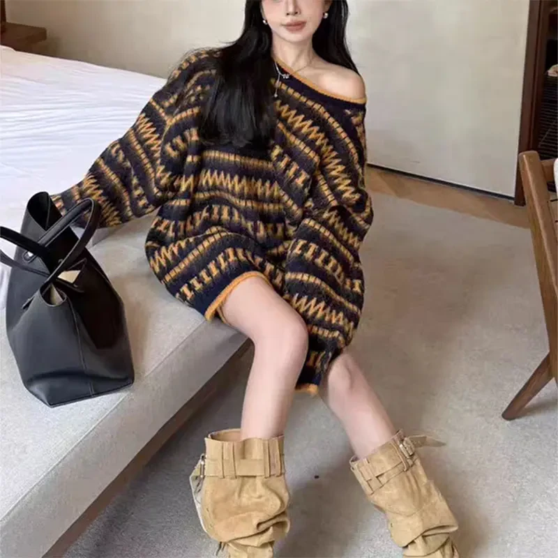 法式复古撞色条纹圆领针织衫女春秋宽松软糯套头毛衣复古打底上衣