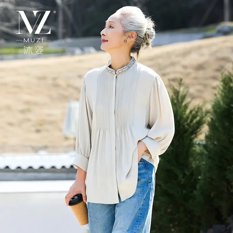沐姿中年妈妈春装洋气长袖衬衣中老年女装夏装时尚钉珠衬衫上衣服