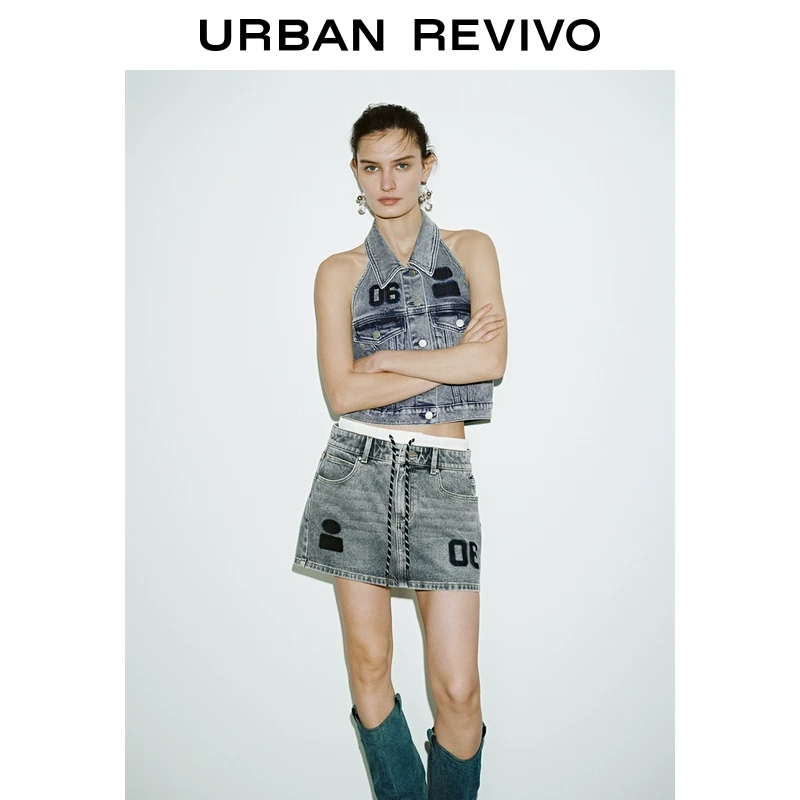 UR2025春季新款女装欧若风复古挂脖镂空修身牛仔衬衫UYV850030