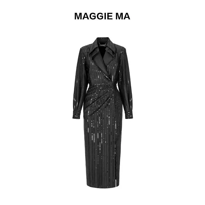 MAGGIEMA马婧设计师款黑色亮片捏褶璀璨迷人显瘦连衣裙老师991D