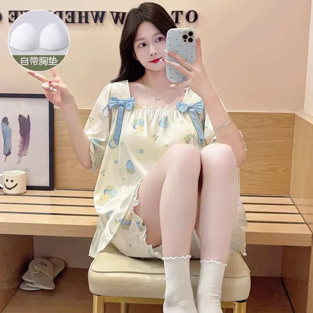 夏季冰丝螺纹带胸垫睡衣女新款甜美宽松女士睡衣家居服可外穿套装