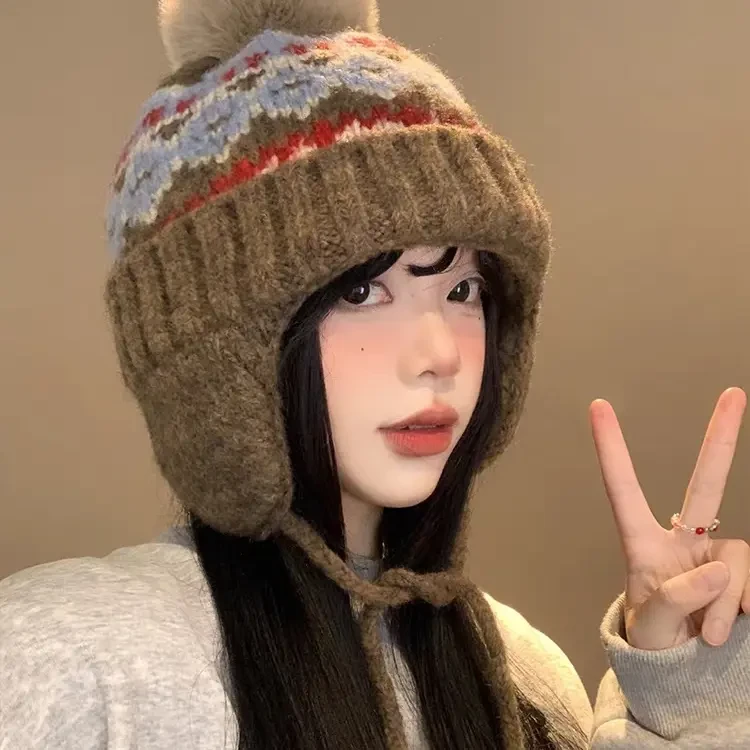 费尔岛风女士毛线帽毛绒冬季帽子加厚冬天秋冬季秋冬