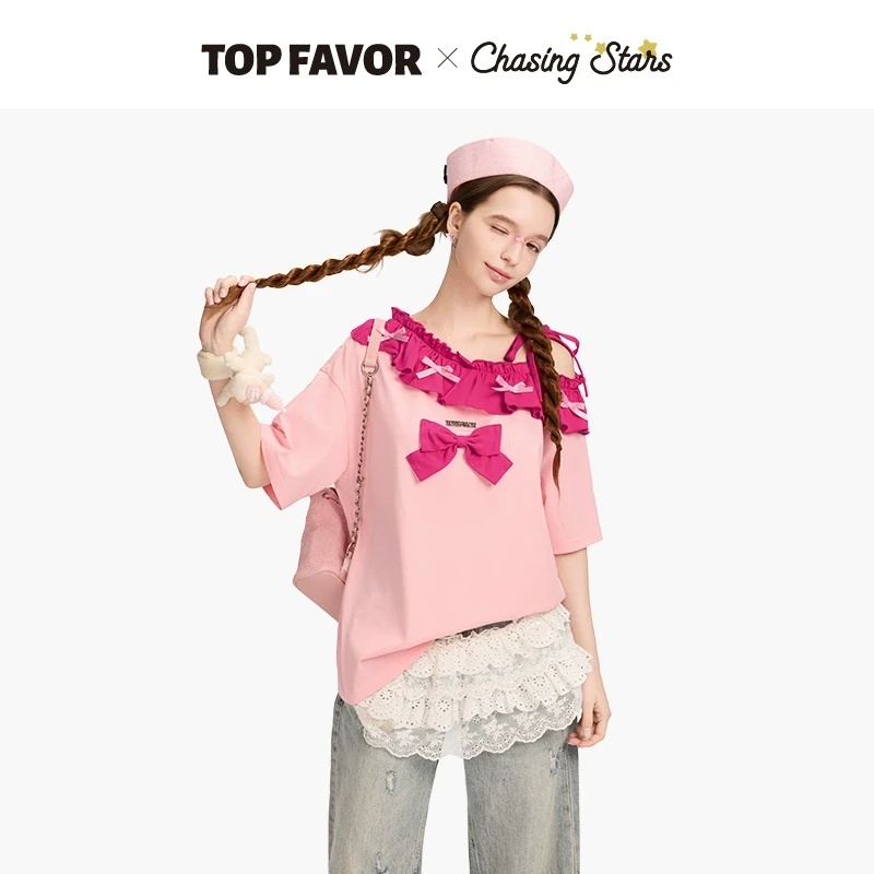 TOP FAVOR【莓果宣言】2025夏季新款T恤女生宽松拼接蝴蝶结短袖甜