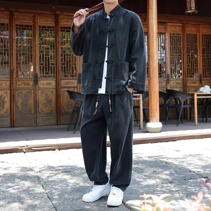【中国风】秋季新款中国风牛仔开衫夹克套装男士休闲大码宽松两件套