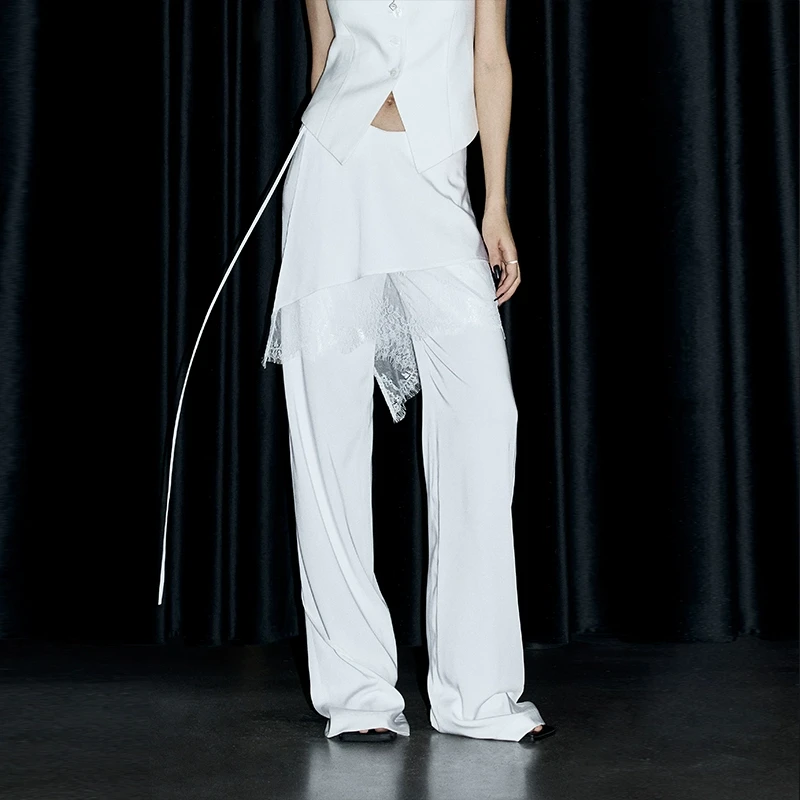 ourhour 假两件系带 白色黑色V腰蕾丝裙帘叠穿西裤 女设计感裙裤