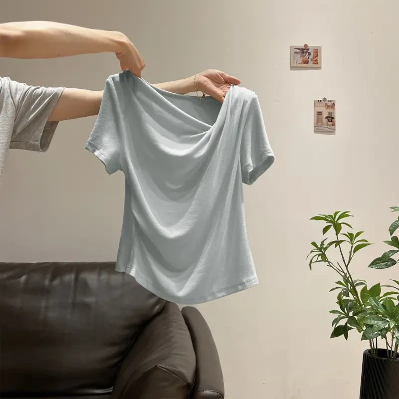 韩系甜妹斜肩领荡领温柔短袖浅蓝色T恤女夏季褶皱显瘦纯色上衣