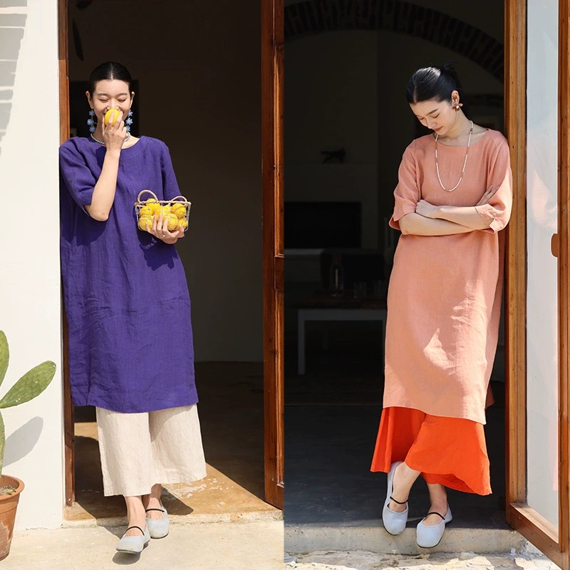 绽放旅行女装231朵/暗香亚麻中袖连衣裙中长款一字领开衩长裙子女