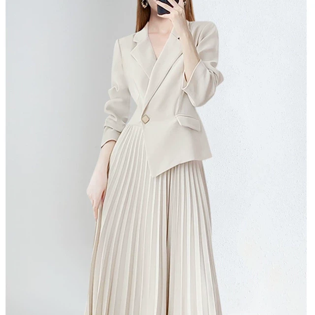 大码女装微胖mm西装连衣裙秋装新款2025法式高级感显瘦拼接百褶裙