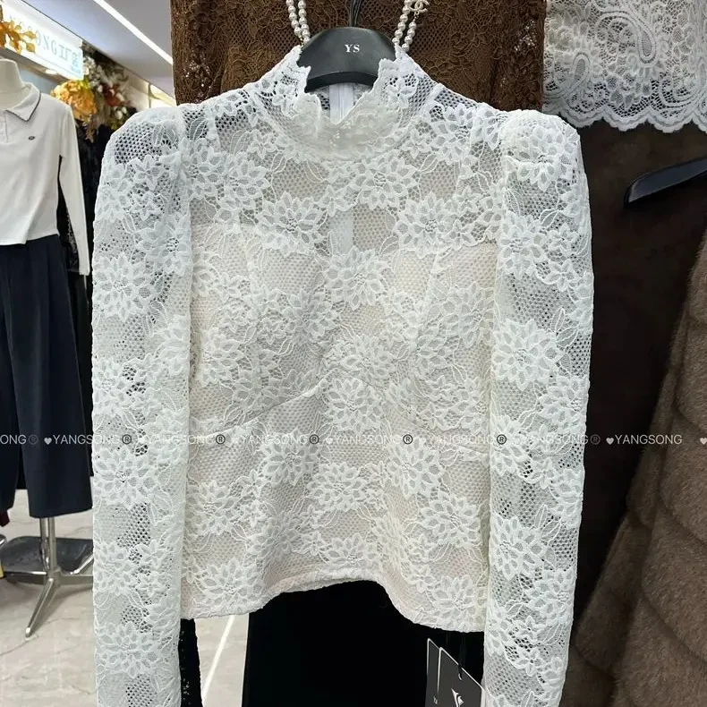 秋冬新款蕾丝拼接半高领打底衫女精致高级感内搭