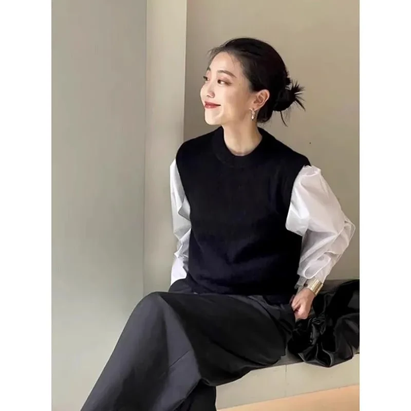 复古高级感黑色圆领针织马甲女春秋慵懒风无袖毛衣背心叠穿小坎肩