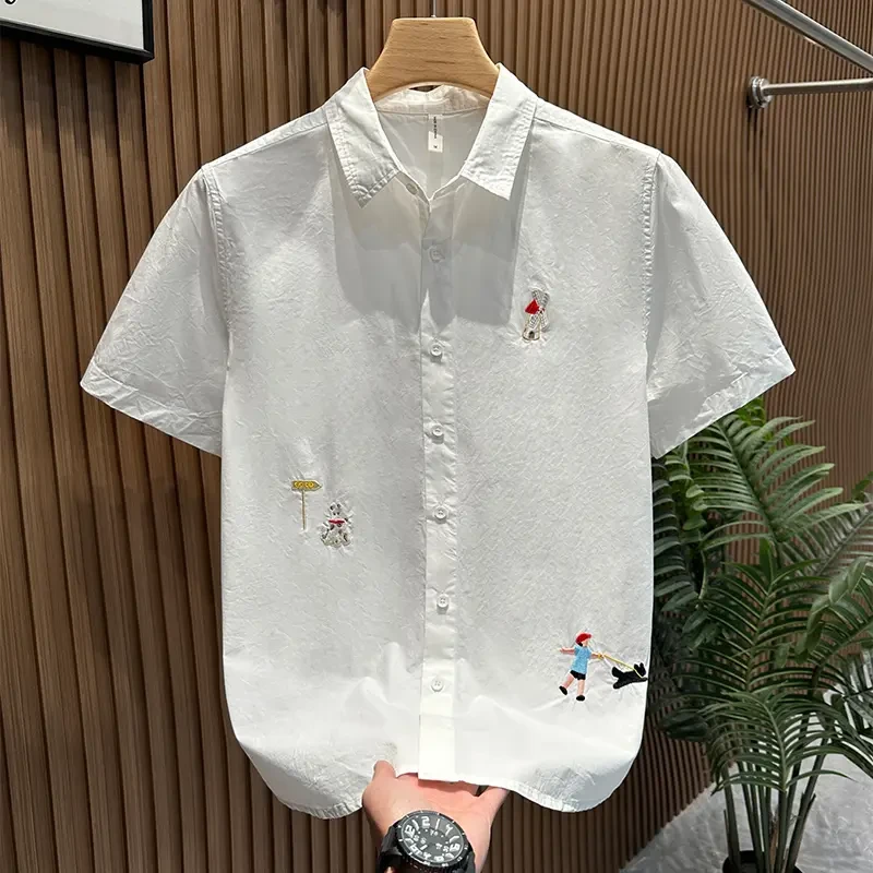 夏季轻奢户外休闲潮牌清新刺绣短袖衬衫男士新款高端休闲休闲衬衫