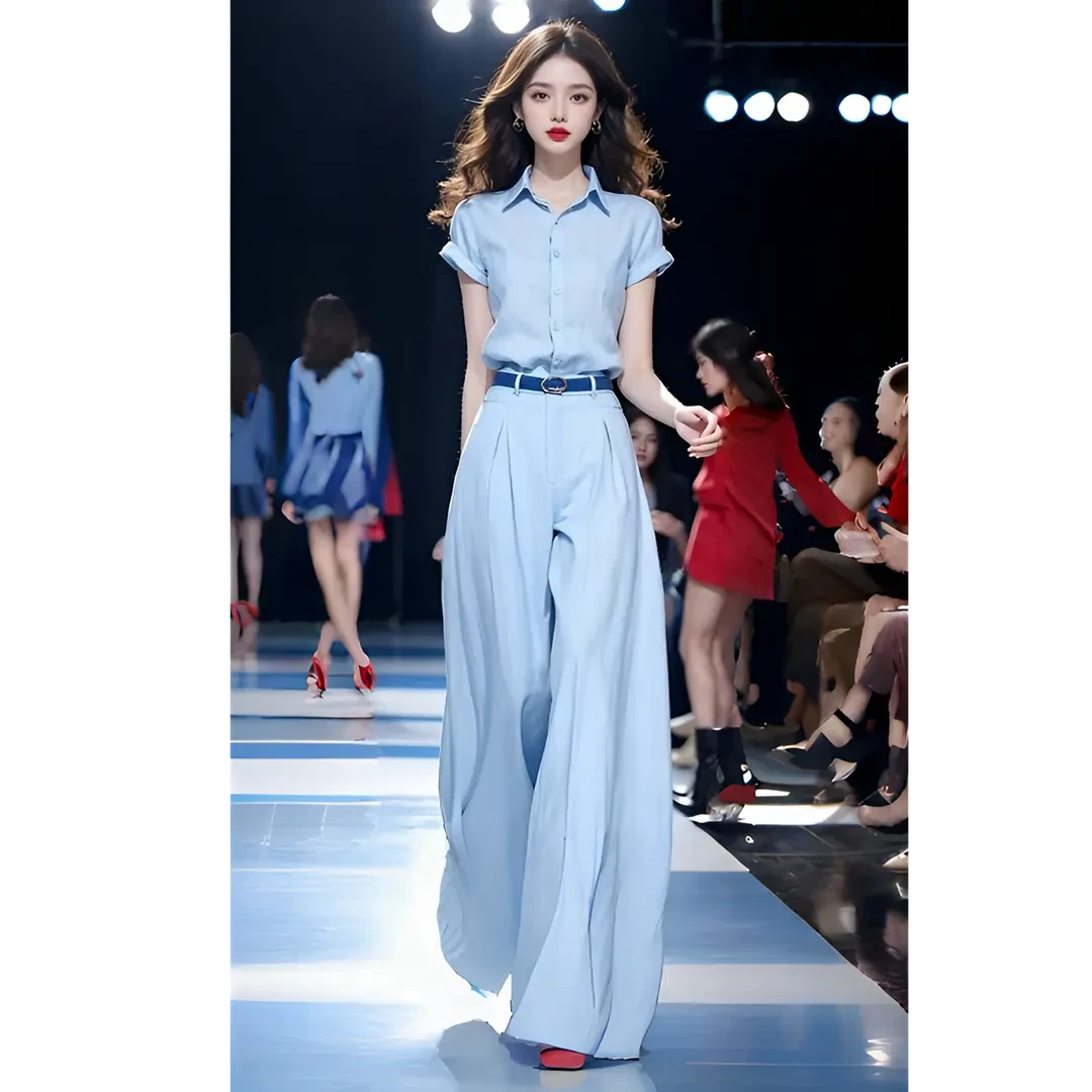夏季新款今年流行时尚气质高级感洋气薄款蓝色衬衫阔腿裤两件套装