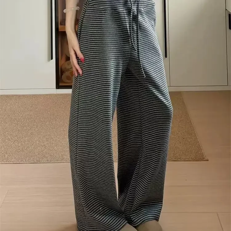 秋冬宽腰细条纹糯米裤女高腰垂感慵懒风宽松直筒休闲阔腿裤子
