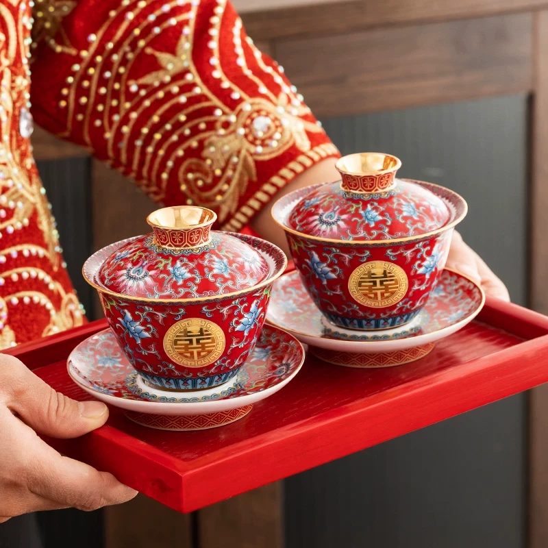 唐呈珐琅彩敬茶杯?结婚改口敬酒茶杯盖碗喜碗对碗新婚庆用品大全