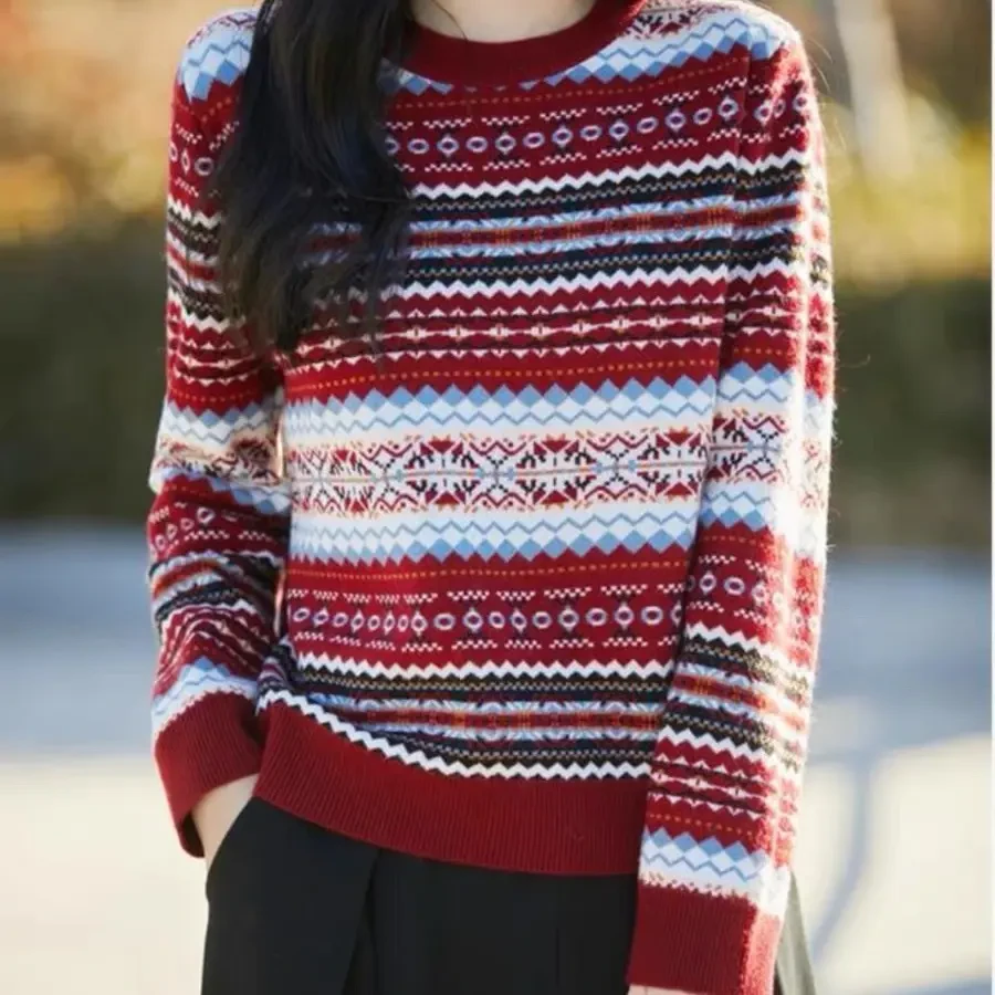 休闲风冬季复古港风提花毛针织衫女装加厚秋冬宽松圆领衫上衣