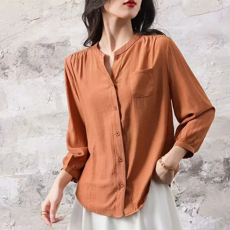 【铜氨丝】简约休闲百搭法式衬衣V领七分袖春夏薄款宽松显瘦纯色