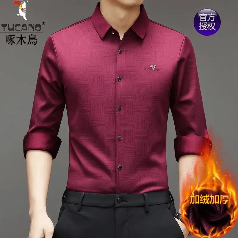 啄木鸟中年爸爸装男士时尚长袖衬衫2025秋冬新款加绒休闲免烫衬衣