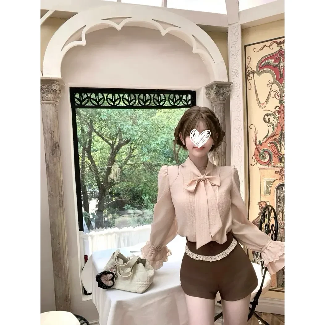 恋恋日记 中古粉v领系带衬衫女装2025秋冬新款甜美温柔风长袖衬衣