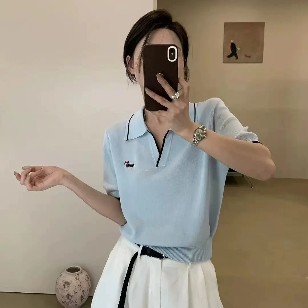 2025夏季新款韩版翻领短袖冰丝针织衫女宽松百搭poLo领上衣女