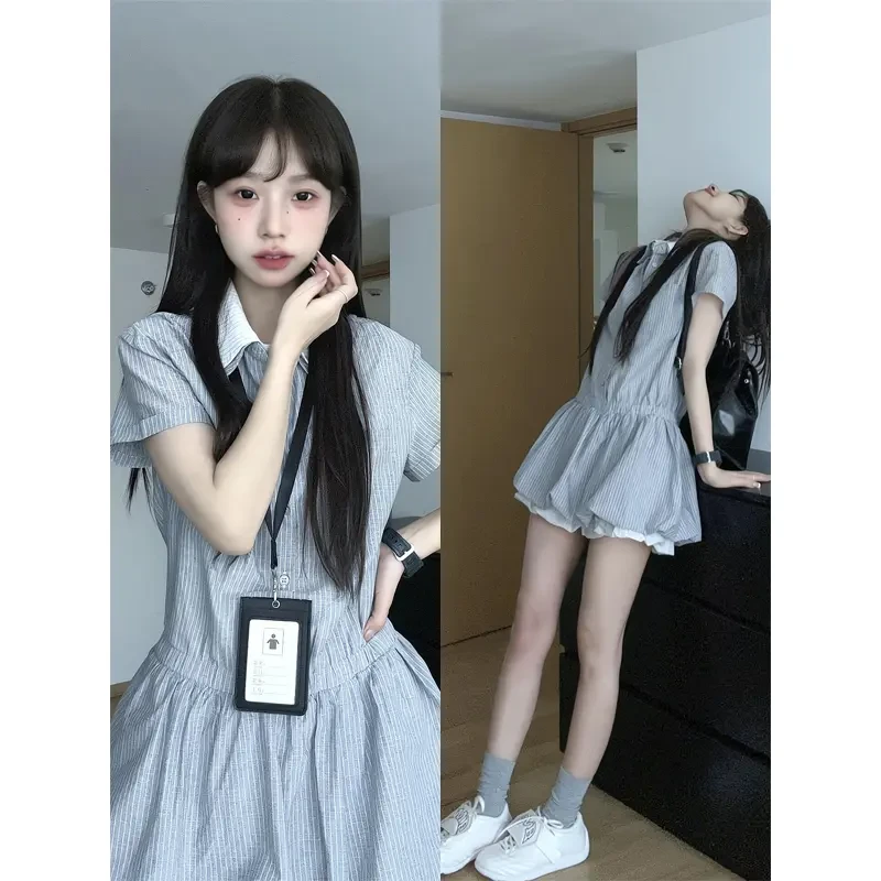 法式polo领条纹衬衫连衣裙子女五一出门套装小个子学院风收腰短裙