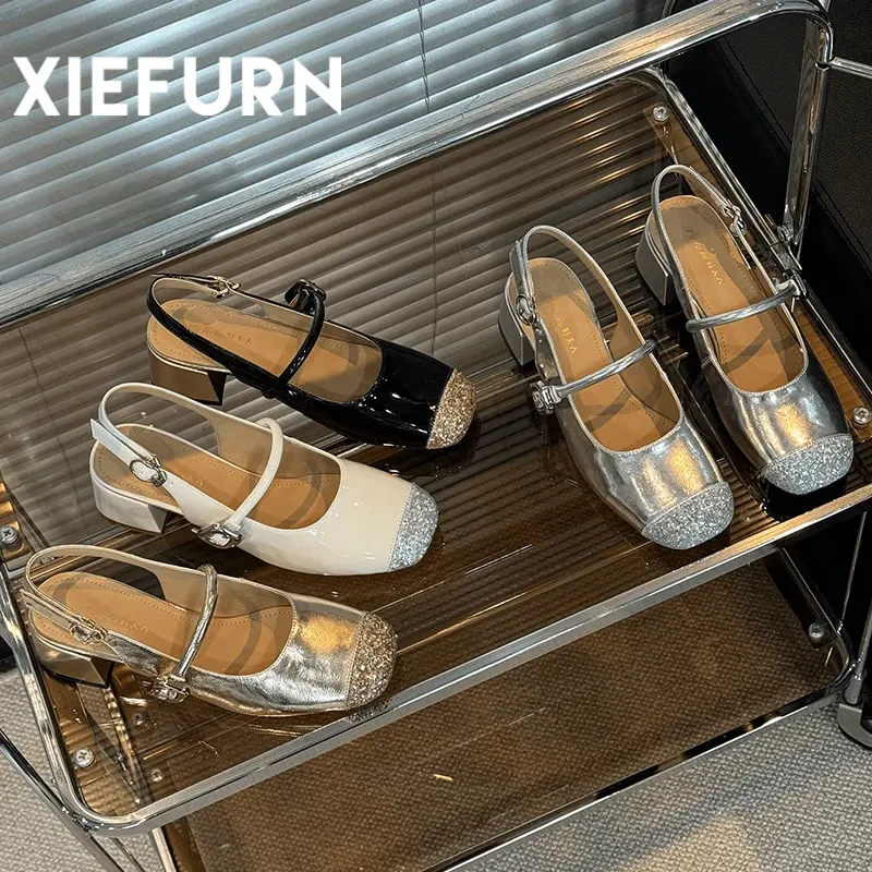 XIEFURN/鞋夫人2024夏季新款时尚百搭浅口包头法式玛丽珍粗跟凉鞋