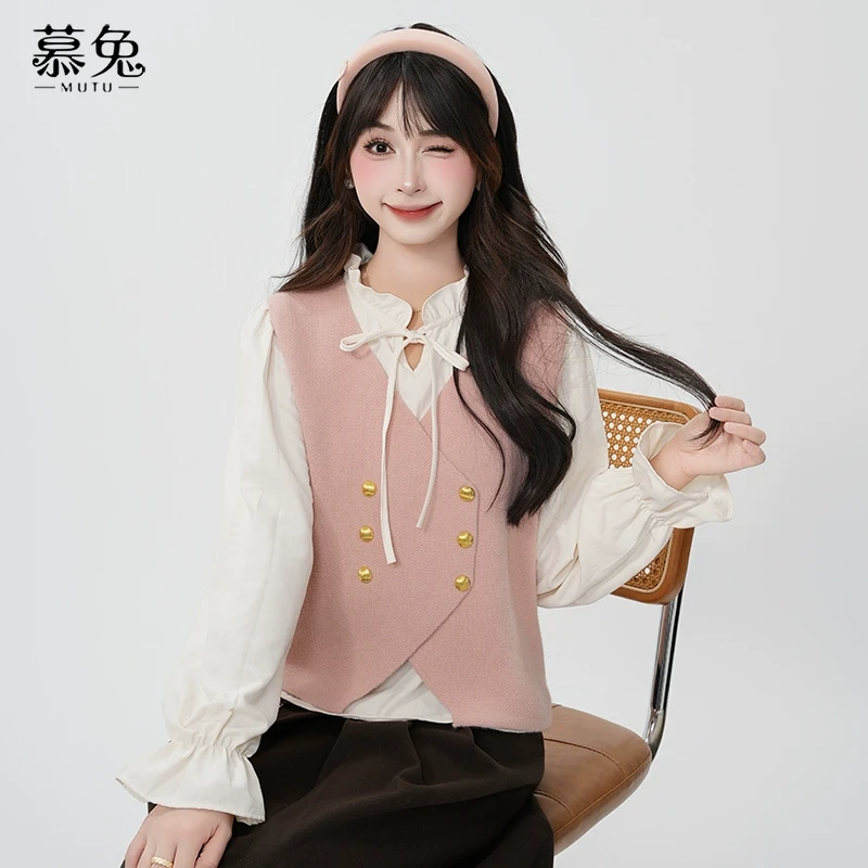 【粉丝专属】23020木耳边衬衫不规则马甲背心套装冬叠穿上衣两件套