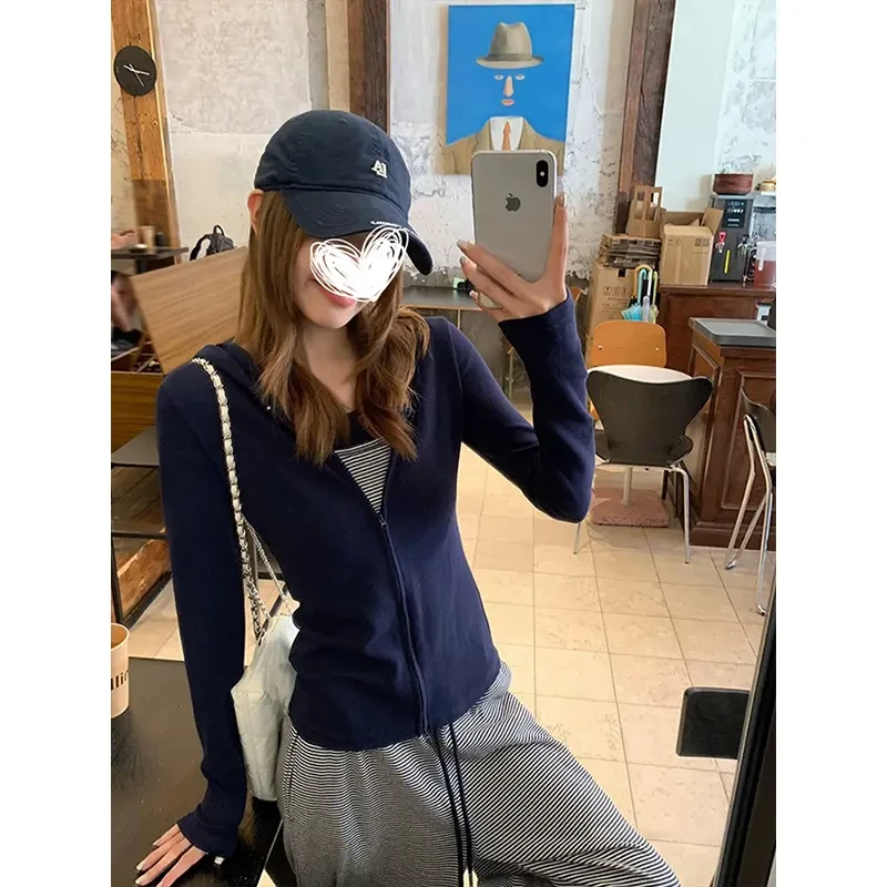 正肩连帽双拉链开衫外套女秋季百搭上衣修身显瘦打底衫