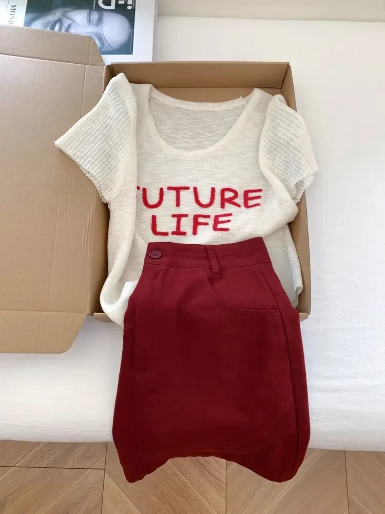 2025夏季新款时尚减龄针织短袖上衣穿搭显高时尚半身裙子两件套女