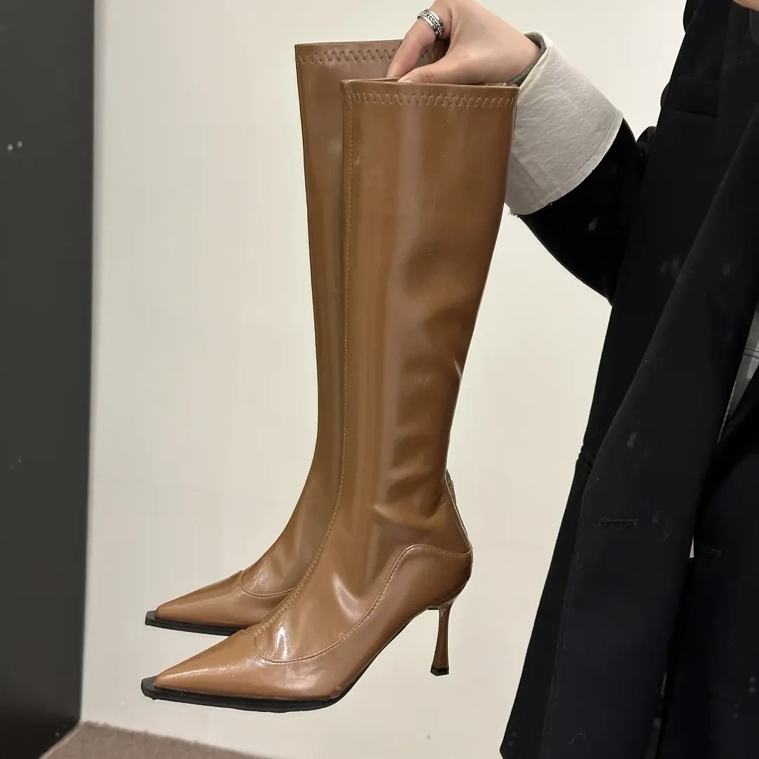 欧美风显瘦不过膝长筒靴女2025秋冬新款细跟高筒靴长靴高跟瘦瘦靴