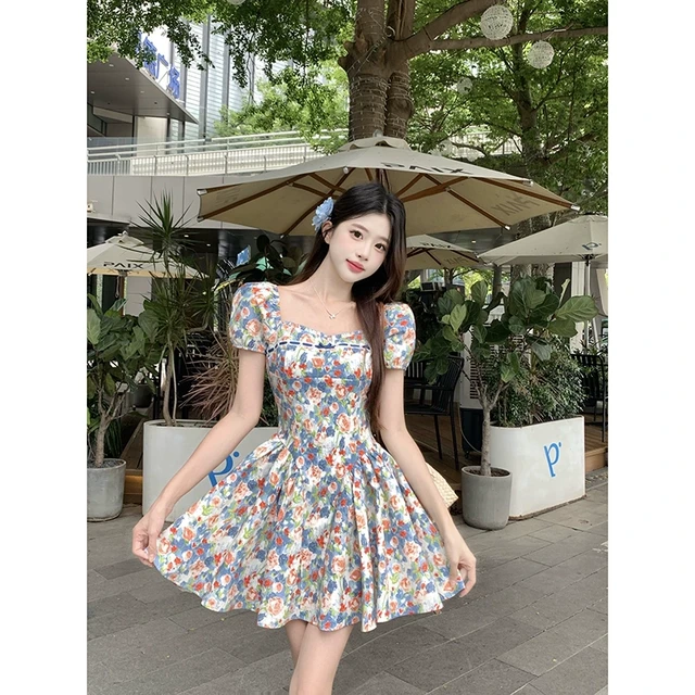 大码法式微胖短袖连衣裙女装夏季梨形身材碎花裙胖MM遮肚显瘦裙子
