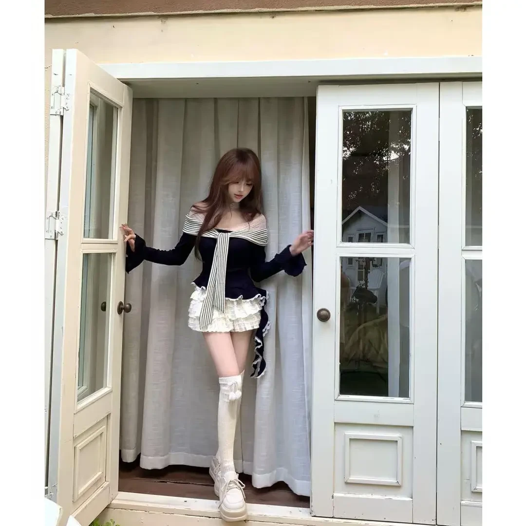 甜美娇俏秋季纯欲少女风时尚长袖蕾丝一字肩针织气质软萌上衣套装