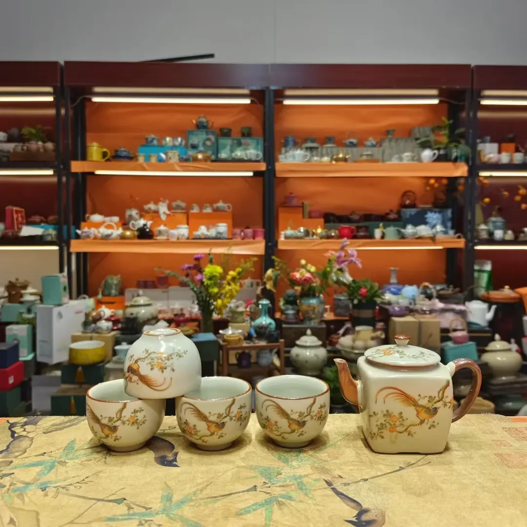 米黄汝窑喜上眉梢四方壶一壶四杯小套装无礼盒带茶盘茶具Z2359