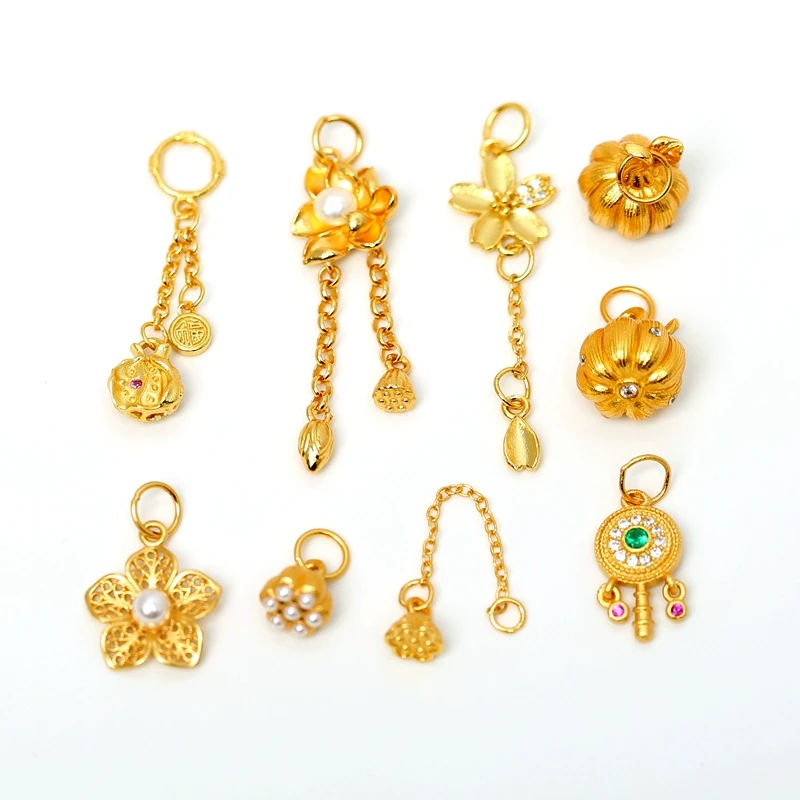 925银银制品 S925古法银镀金錾刻莲花莲蓬五瓣桃花南瓜珠石榴提溜