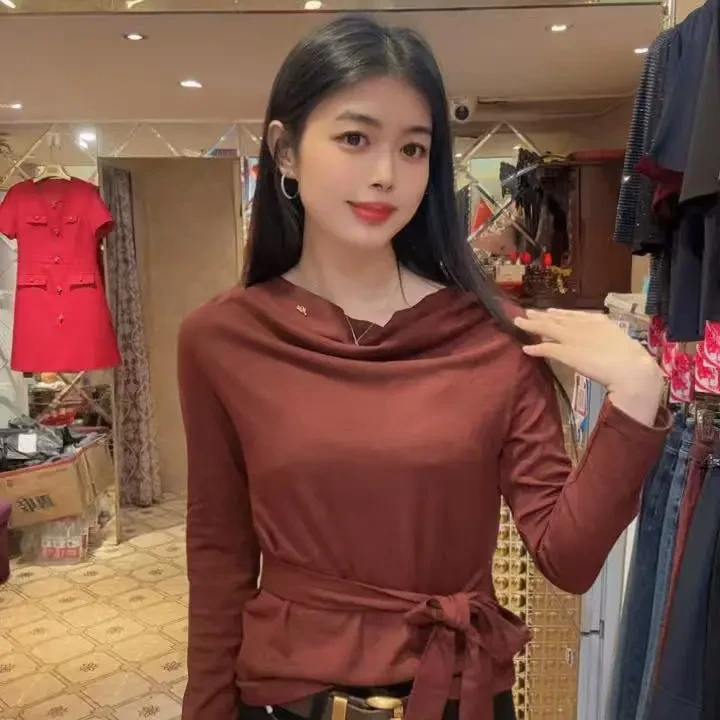 长袖修身型荡领常规褶皱绑带T恤气质蕾丝内搭洋气