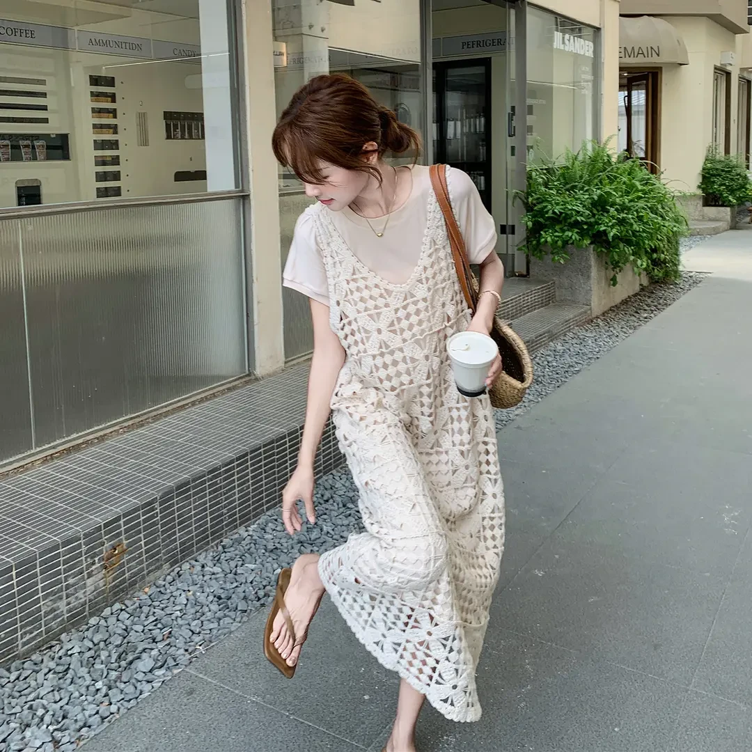 镂空针织罩衫长裙杏色t恤裙套装女2025夏季新款减龄洋气两件套