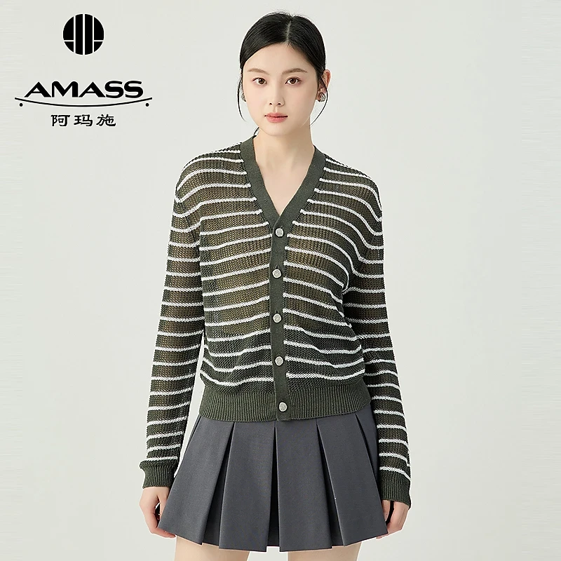 AMASS/阿玛施经典百搭清凉爽朗条纹亚麻基础镂空针织开衫548009
