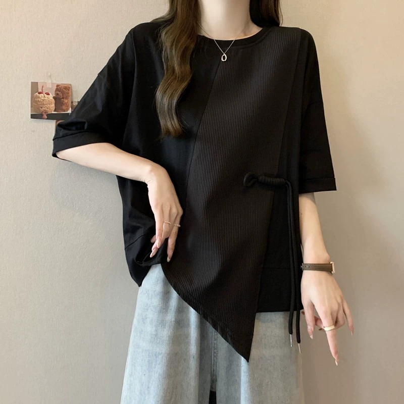 不规则拼接短袖t恤女2025夏季大码微胖妹妹遮肚慵懒风设计感上衣
